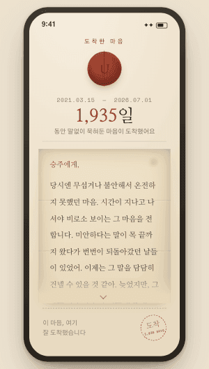 수신자가 1,935일 묵은 마음을 받아 읽는 화면